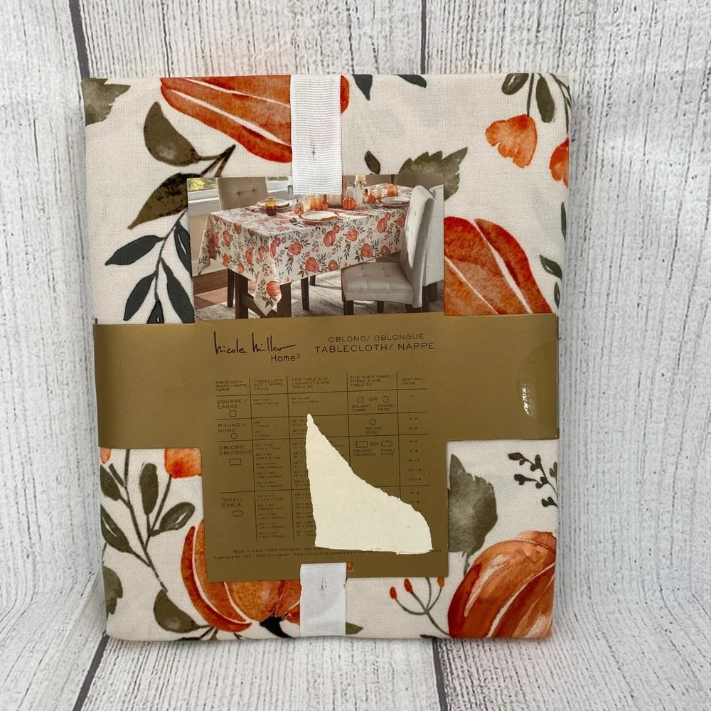 Nicole Miller Home Tablecloth 60x120 Cream Orange Pumpkin Fall Harvest Autumn